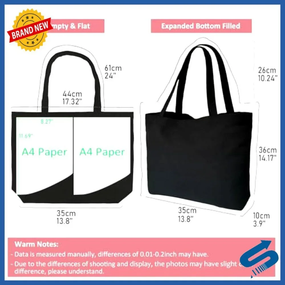 Canvas Tote Bags 6-Pack Zipper Closure Reusable Grocery Shopping Totes